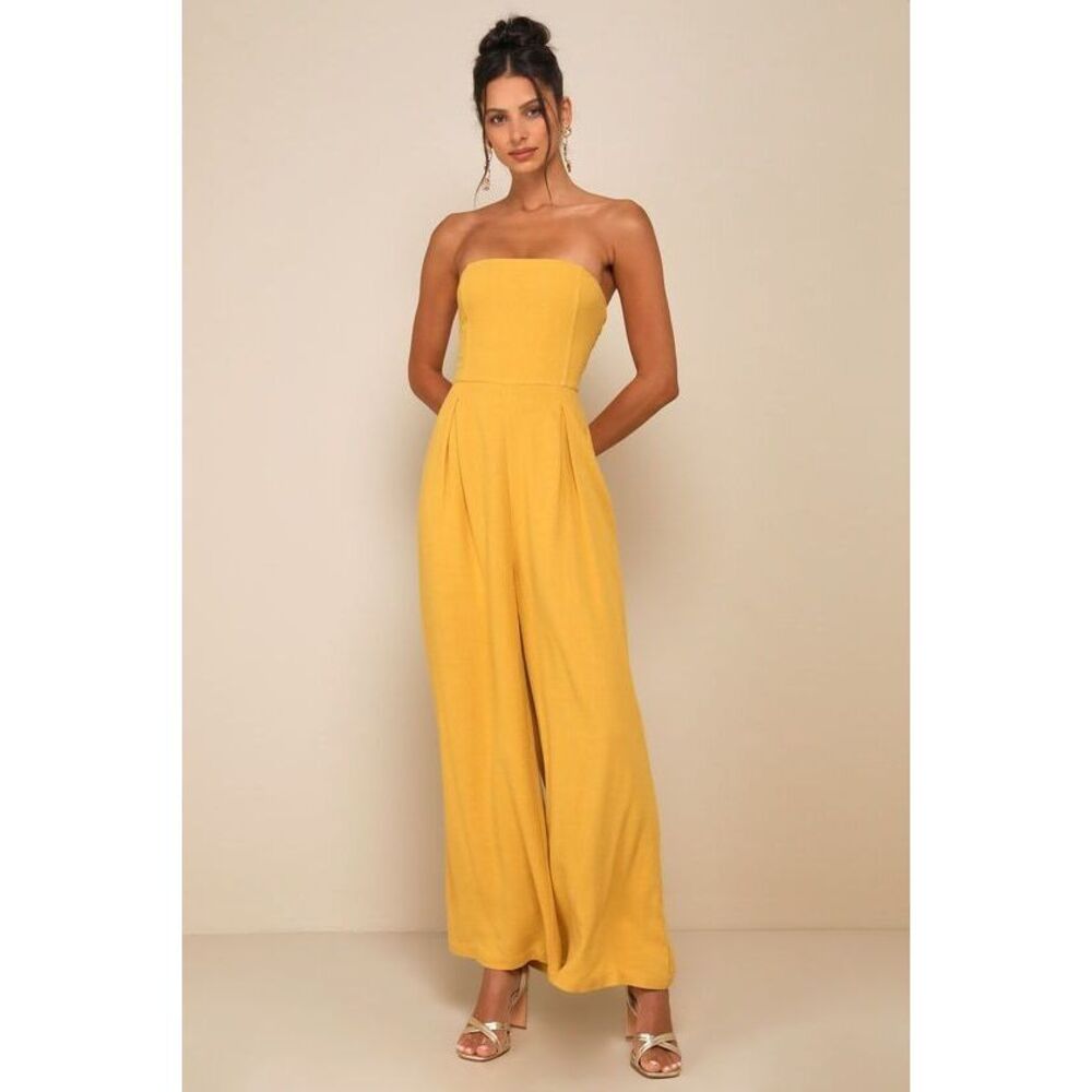 Lulus Breezy Essential Mustard Yellow Linen Wide-leg Jumpsuit - Size S